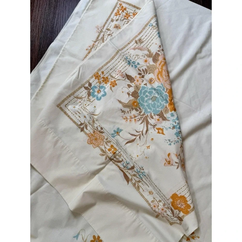 VTG FULL Sheet Set Tan Orange Blue Floral Flowers Tastemaker Percale 70s‎ Hippie